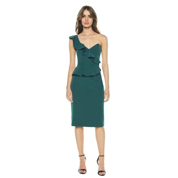 Bardot Camellia One Shoulder Ruffled Cocktail Dress in Evergreen size 4 / XS - Picture 1 of 15